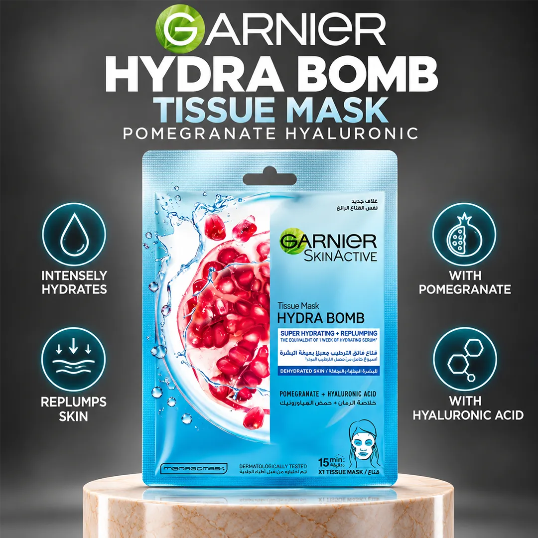 GARNIER HYDRA BOMB TISSUE MASK 28G POMEGRANATE HAYLURONIC