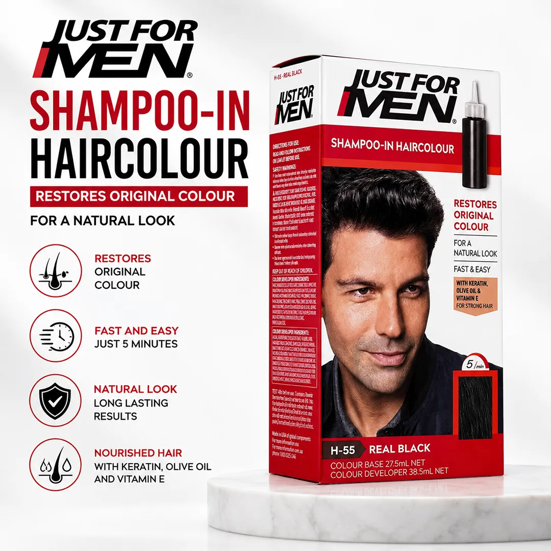 JUST FOR MEN COLOR HAIR REAL BLACK.