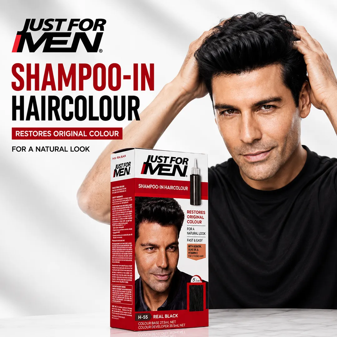 JUST FOR MEN COLOR HAIR REAL BLACK.