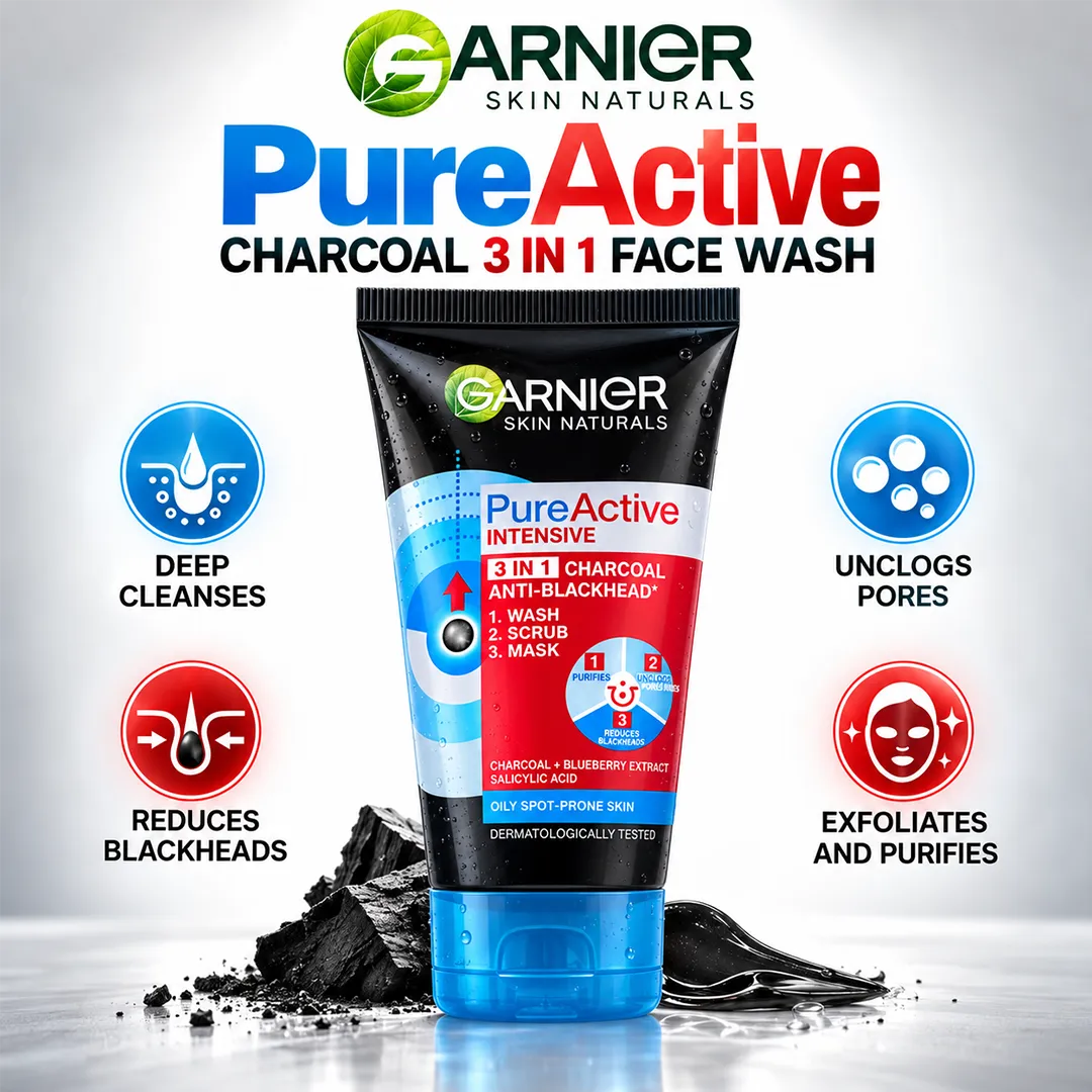 GARNIER PURE ACTIVE CHARCOAL 3 IN 1 FACE WASH 50ML