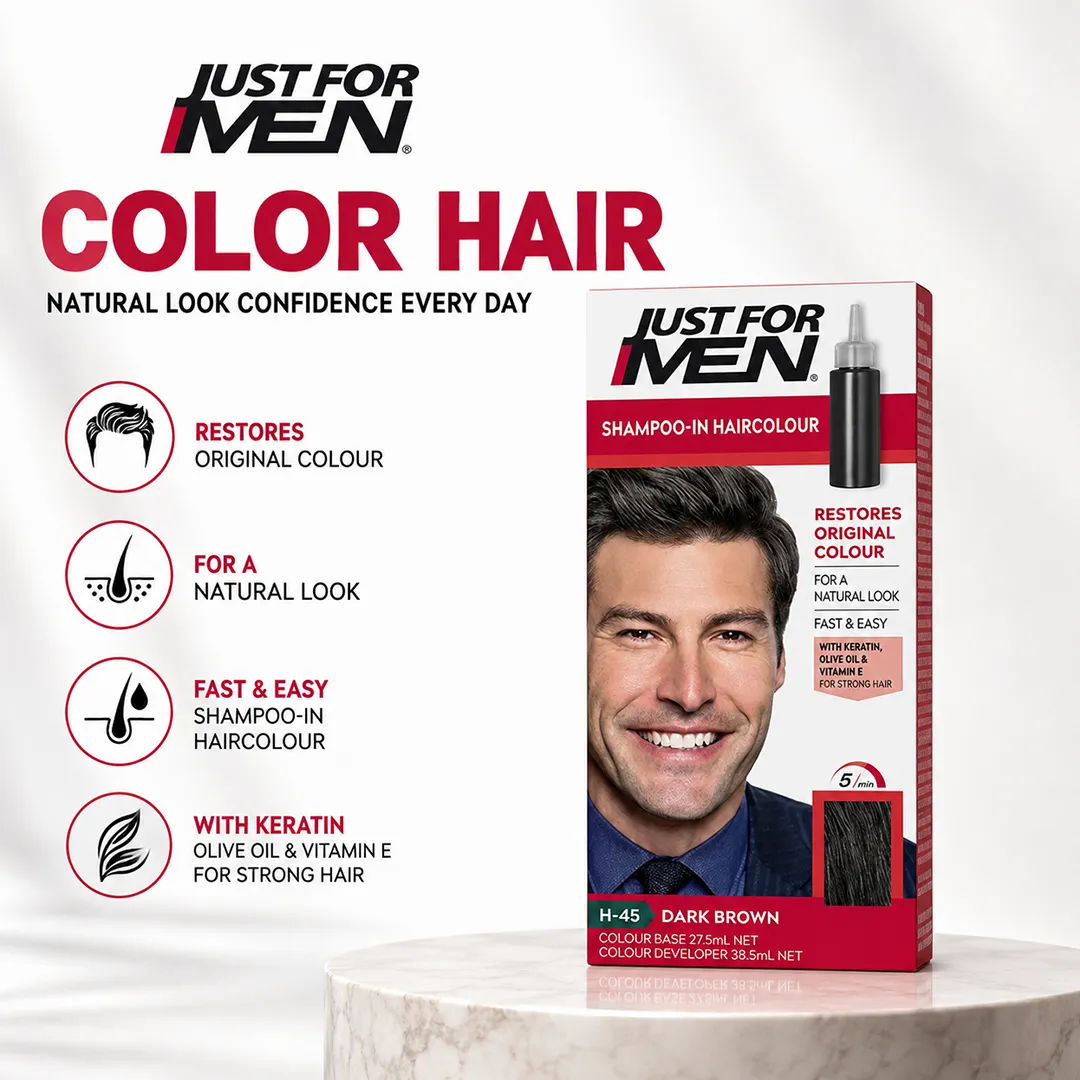 JUST FOR MEN COLOR HAIR DARK BROWN.