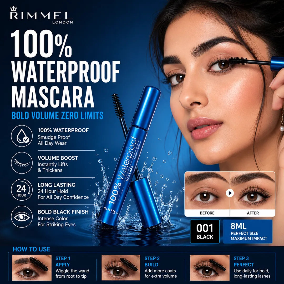 RIMMEL MASCARA 100% WATER PROOF BLACK 001 8ML