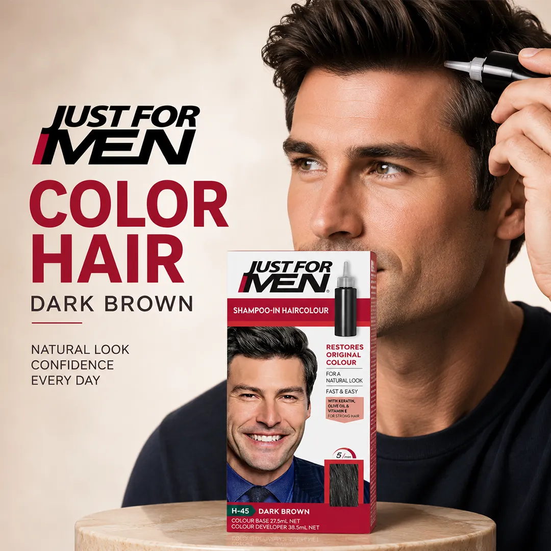 JUST FOR MEN COLOR HAIR DARK BROWN.