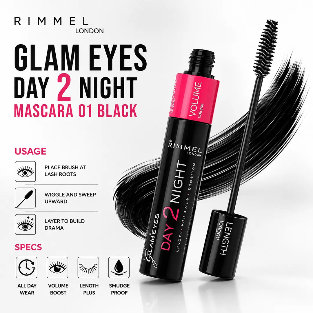 RIMMEL GLAM EYES DAY 2 NIGHT MASCARA01BLACK