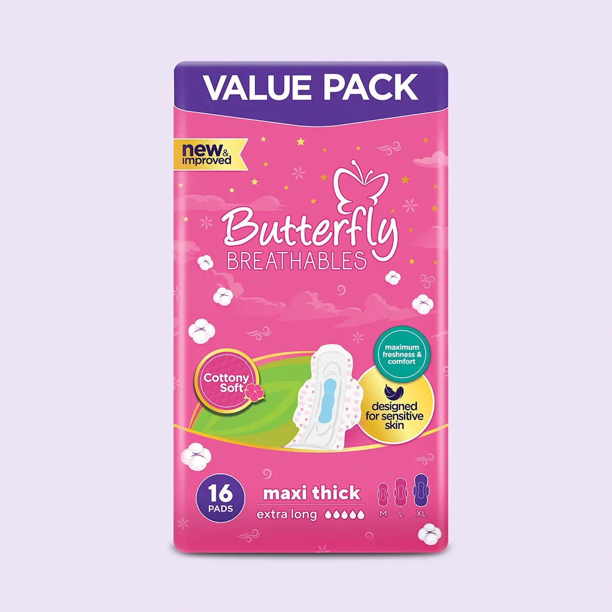 BUTTERFLY PADS BREATHABLES MAXI THICK COTTON EXTRA LONG 16CS