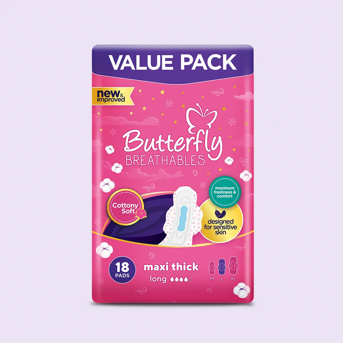BUTTERFLY PADS BREATHABLES MAXI THICK COTTON LONG 18CS