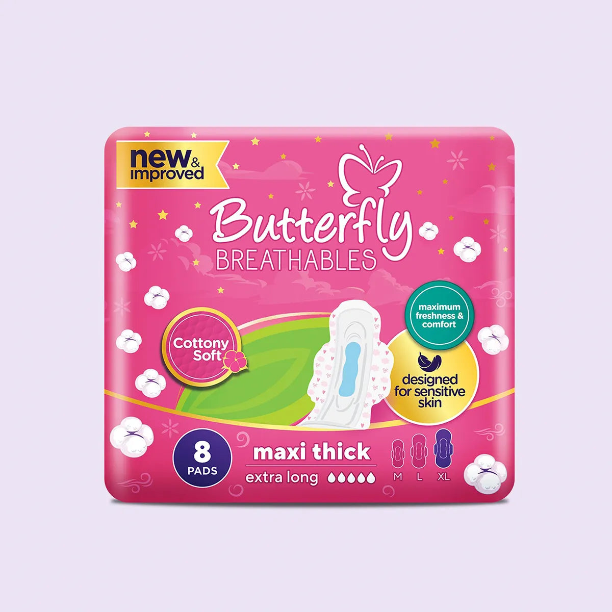 BUTTERFLY PADS BREATHABLES MAXI THICK COTTON NIGHT XL 8CS