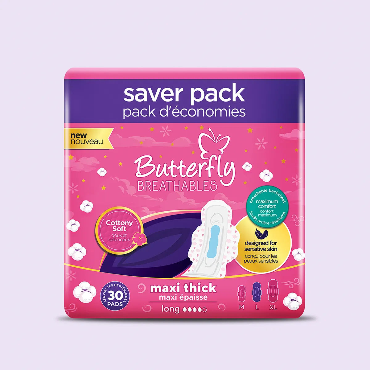BUTTERFLY PADS BREATHABLES MAXI THICK LONG COTTON 30CS