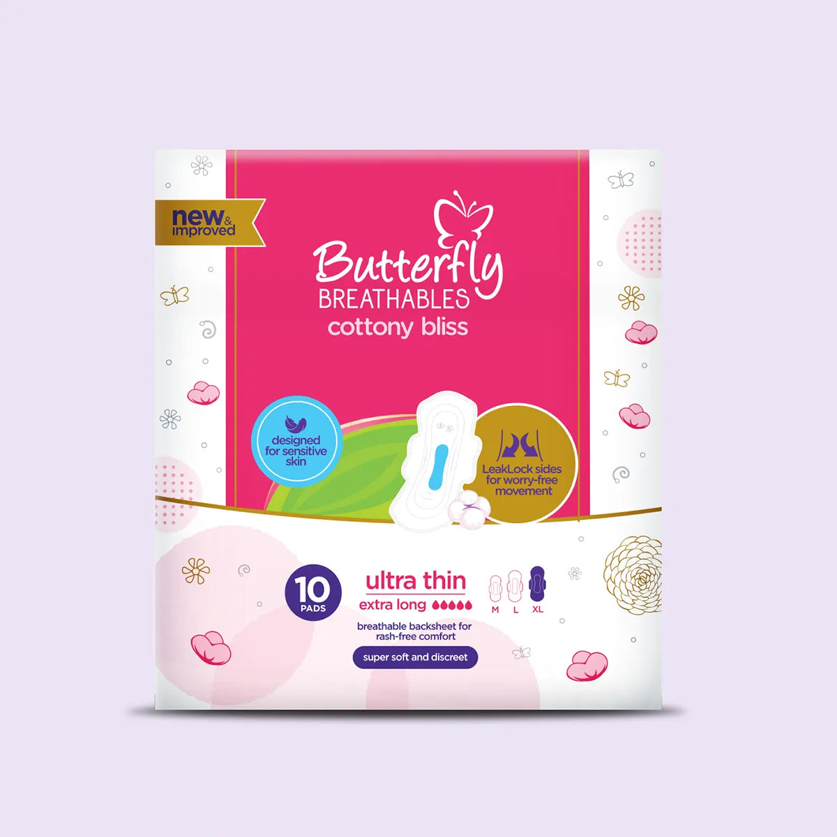 BUTTERFLY PADS BREATHABLES ULTRA THIN COTTON EXTRA LONG 10CS