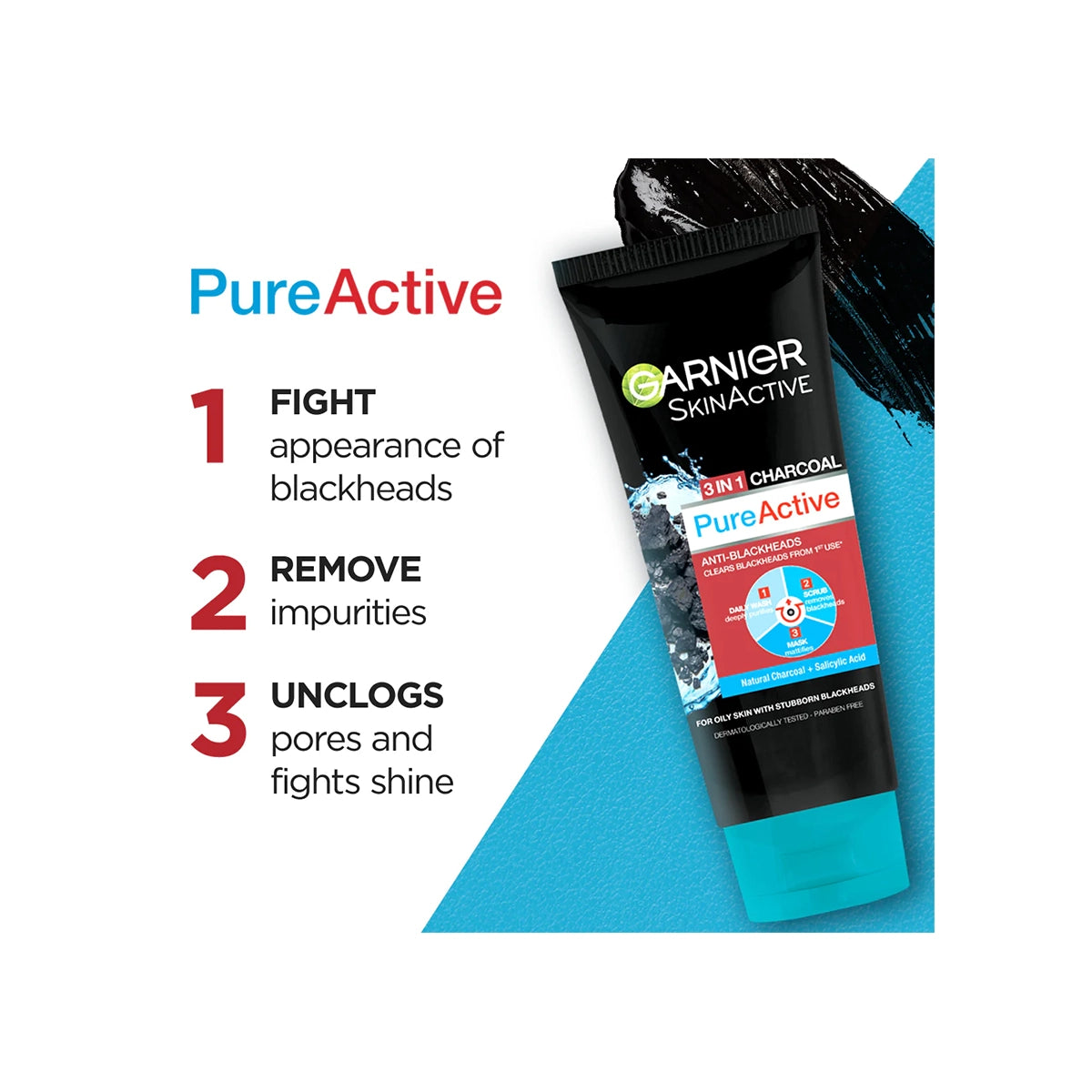 GARNIER PURE ACTIVE CHARCOAL 3 IN 1 FACE WASH 50ML
