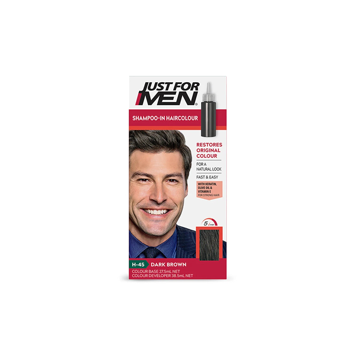 JUST FOR MEN COLOR HAIR DARK BROWN.